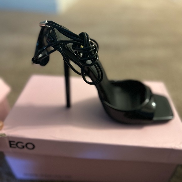 PAMELA LACE UP STRAPPY SQUARE PEEP TOE STILETTO HEEL IN BLACK PATENT - Picture 3 of 5